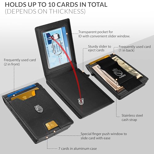 Bifold Wallet for Men | Pop Up Slim Metal Aluminum Wallet | NFC RFID Blocking | Credit Card Holder | Minimalist Mens Wallet with Window ID | Smart Wallet | Cash Strap | Gifts for Men (Black)2