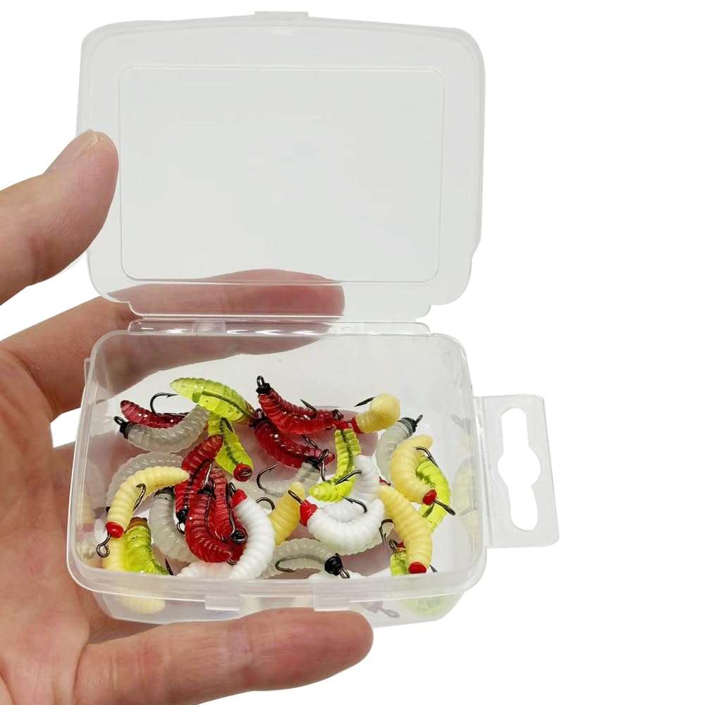 30 unidades por caja de 5 colores de PVC gusanos de pesca con anzuelos 8# para pesca de gusanos brillantes para pesca de trucha, crappie, pez sartén, azul