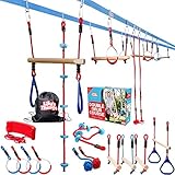 Double Ninja Slackline Obstacle Course for Kids - 80 Foot Line - Monkey Bars Playground Equipment - Ninja Warrior Course with Monkey Bars for Kids - (Deluxe Edition) - Patented Double Line Design