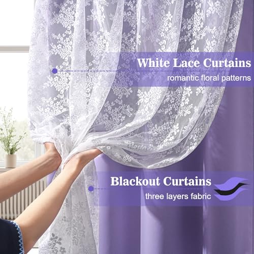 Image of Yinhua Purple Blackout Curtains for Bedroom Double Layer Nursery Curtains for Living Room 63 Inch Length 2 Panels Set Kid Curtain with Floral Sheer Overlay, Grommet Drapes with Tiebacks, 52 inch W x 63 inch L