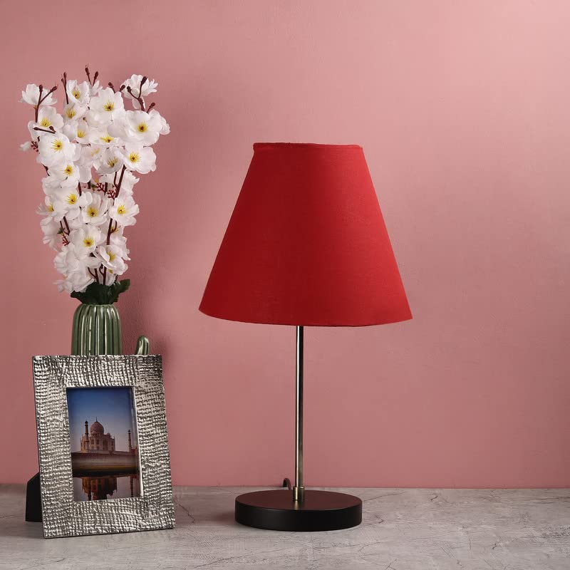 Image of Silver Table Lamp with Handmade Conical Red Shade, Minimalist Design, for Couple Dinner /Coffee Table /Restaurant /Bedroom, On /Off Switch Long Wire