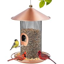 Bird Feeder for Outdoor, Metal Wild Bird Feeder Hanging Outside, 7.5" Copper Roof and 360 Degree Feeding Tray with 2 Extra Feeding Ports, 3 Lbs Bird Seeds Capacity