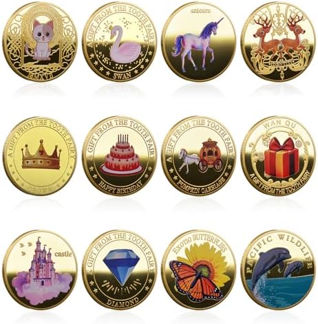 Infreecs 12 Stück Zahnfee Münzen, Zahnfee Geschenke Mädchen & Jungen | Zahnfee Goldtaler Kinder mit Verschiedenen Mustern, Tooth Fairy Coins, Verlorenen Zahn Kinder Geschenke Souve