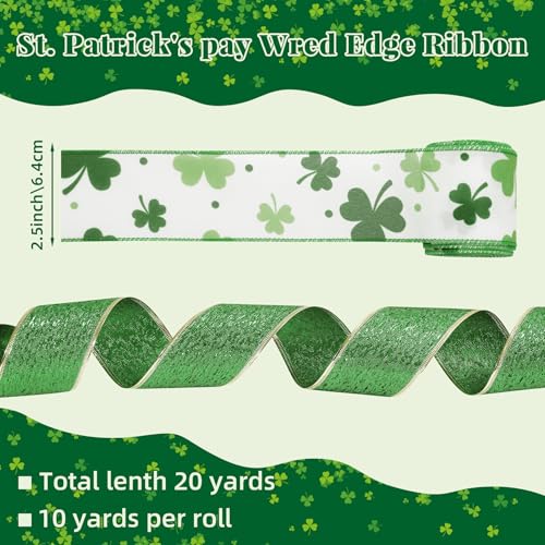 20 Yard St. Patrick's Day Wired Edge Ribbons Craft Irish-Themed Shamrock Ribbon for March Celebration, Shelf Display, Fireplace, Wall Decor by ZXOPM - Used condition - Image 2