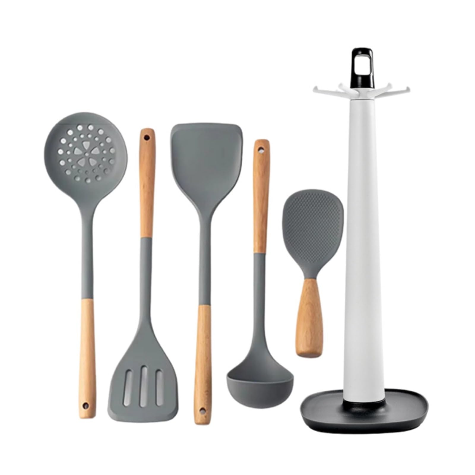 Espátula de silicona, sartén antiadherente, mango madera, cuchara cocina resistente al calor for verduras, herramienta(Grey 6 sets)