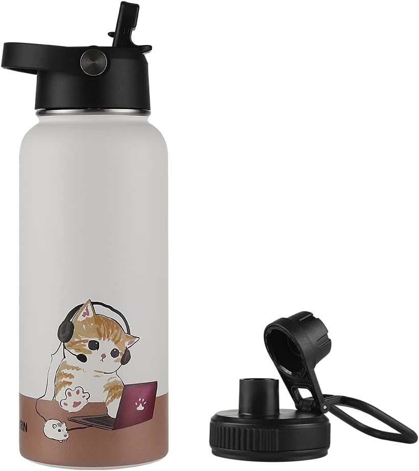 Funkrin Insulated Water Bottle with Straw Lid & Spout Lid, 32oz Personalized Vacuum Stainless Steel Travel Mug, Leak Proof Double Wall Bottle for Hot & Cold Beverages
