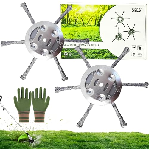 WENXUKHV 2 Pcs Steel Wire Grass Trimmer Head Universal Solid Steel Wire Brush Strimmer Head for Brush Cutter Attachment Replacement Tool Garden Moss Rust Weed Removal with Gloves