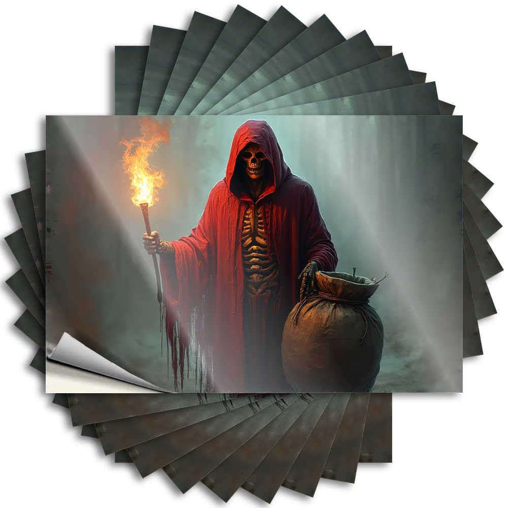 Room Decorations Aesthetic Wall Decal | Skull in Red Cloak Holding Torch and Sack Small for Outside Decor(6X9CM)
