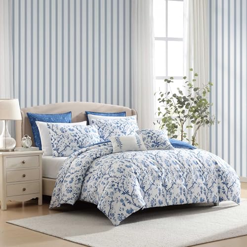 Image of Laura Ashley - King Comforter Set, Reversible Cotton Bedding, Includes Matching Shams with Bonus Euro Shams & Throw Pills (Elise Blue, King)