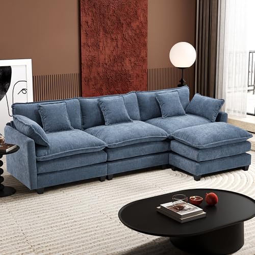 Image of Ihanherry 111.4 inch L Shaped Cloud Sofa with Ottoman Modular Sectional Modern Couch, 4-Seat Chenille Deep Seat Sofa with Pillow for Living Room, Bedroom and Apartment, Blue
