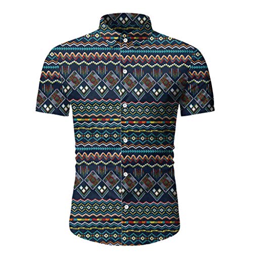 FONMA Men's Stripe Summer Shirt Short Sleeve Loose Buttons Casual Tops Blouse Navy