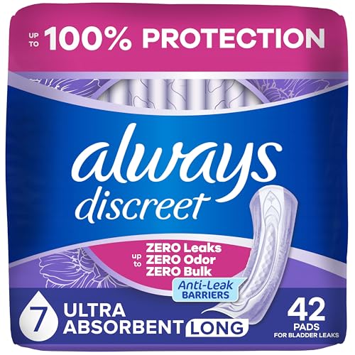 Image of Always Discreet Adult Incontinence Pads for Women, Drier, 7 Drop Long Length, Ultra Absorbency, Pads for Bladder Control Management, Bladder Leaks, Overnight & Postpartum Pads, 42ct