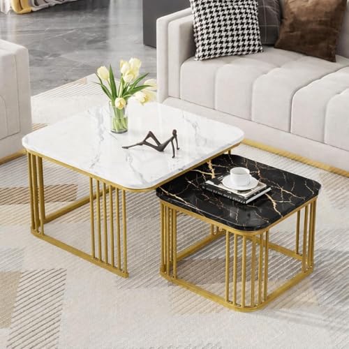 Image of Brown Art SHOPPEE Square Coffee Table Home Decor Furniture Coffee Table Sets,2 Piece MDF Top,Stacking Nesting Table with Iron Frame for Living Room Living Room or Lounge (Gold & White & Black)