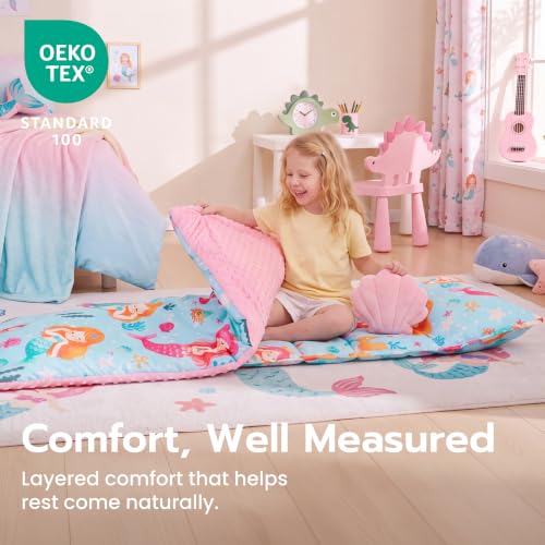 Image of JOIEDOMI Toddler Nap Mat with Removable Pillow and Minky Blanket 55''x30'' Kids Sleeping Bag for Boys and Girls Ages 3-6 Roll Up Soft Nap Mats for Preschool Kindergarten Daycare Sleepover