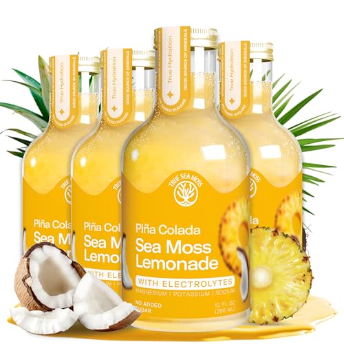True Sea Moss Pina Colada Sea Moss Electrolyte Lemonade – Tropical Pineapple &amp; Coconut Hydration Drink – No Added Sugar with Sea Moss &amp; Electrolytes – 4 x 12 fl oz Bottles
