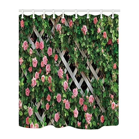 JOOCAR Design Shower Curtain, Rustic Decor Rosemary Roses Flower on Fence, Waterproof Cloth Fabric Bathroom Decor Set with Hooks Cover