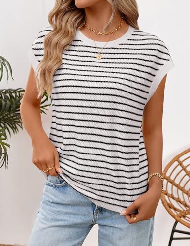 Image of ZESICA Women's Summer Trendy Knit Top 2026 Floral Print Short Sleeve Crewneck Loose Fit Sweater Vest Going Out Clothes