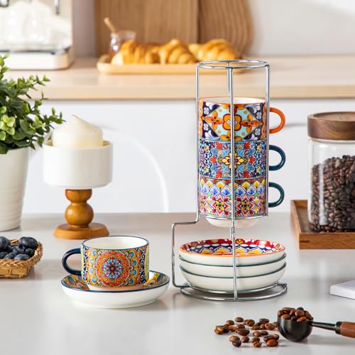 vancasso Espressotassen Set 4er, 150 ml SIMI Kaffeetassen mit Untertassen & Ständer, Stapelbare Dickwandig Espresso Tassen Set aus Keramik… – Ansicht 6