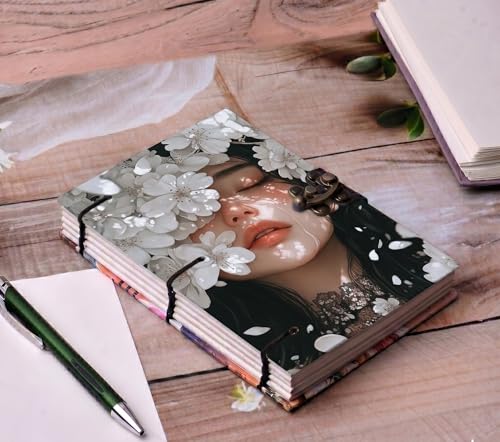 Image of Elegant Floral Portrait Personal Journal - A5 Handmade Aesthetic Diary with Antique Metal Lock, 200 Unruled Pages, Hardcover Hand-Stitched Notebook for Creative Writing & Art (White Flower Design)