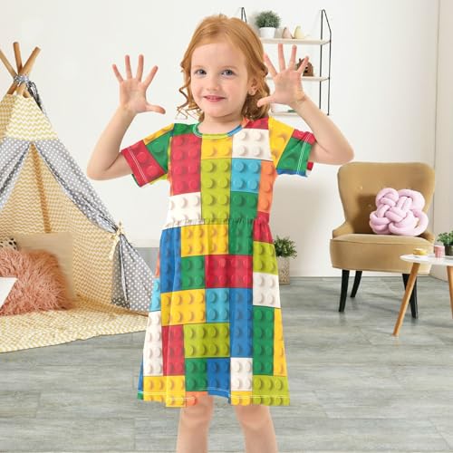 Girls Summer Dress Short Sleeve A Line Colorful Building Blocks Casual Dresses for Kids 2-8 Years4