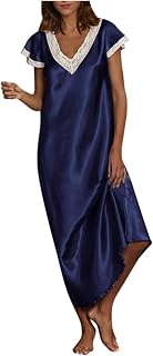 Chemise de Nuit Femme Satin Dentelle Pyjama Sexy à Col en V Profond Robe Longue Couleur Unie Grande Taille Manches Courte Robe de Nuit Coquin Nuisettes Pleine Slip Chemises Nuit Femme