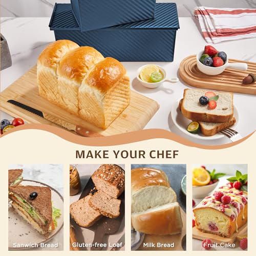 Image of KITESSENSU Pullman Loaf Pan with Lid, 1 lb Dough Capacity Non-Stick Bakeware for Baking Bread, Carbon Steel Corrugated Bread Toast Box Mold with Cover,Blue (Pack of 2)