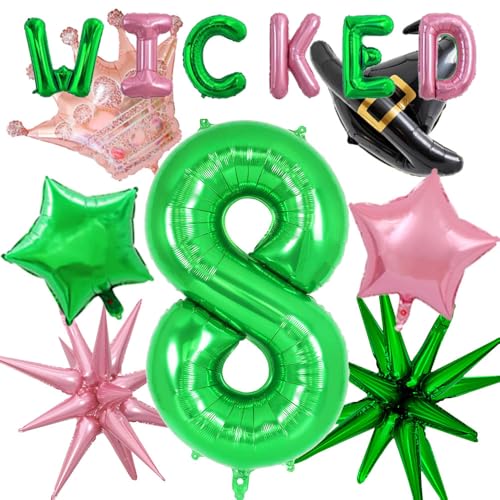 WICKED Birthday Decorations 13pcs Pink Green Fairy Witch Balloons Set 40 Inch Green Number 8 Balloon for Magic Witch Theme Birthday Party Celebrations Supplies