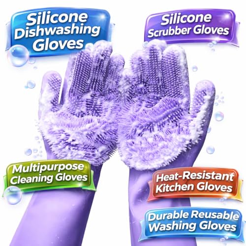 Image of Gloves Magic Silicone Dish Washing Gloves, Silicon Cleaning Gloves, Silicon Hand Gloves for Kitchen Dishwashing and Pet Grooming, Great for Washing Dish, Car, Bathroom (Purple)