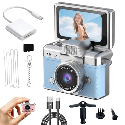 Cámara Digital Mini Retro con Pantalla Abatible y Llavero Azul miniatura 1