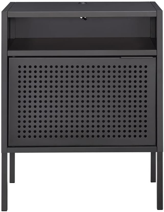 BOWERY HILL Metal Nightstand with USB Port, Gray Finish, 24 in H x 19 in W x 13 in D, Open Shelf and Cabinet Storage, Transitional Design Bedside or Living Room Accent Table