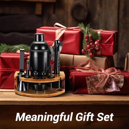 Cocktail Shaker Set Bartender Kit with Stand, 12 Piece Bar Set Drink Mixer Set with Stainless Steel Bar Accessories Tools: 25oz Martini Shaker Jigger Strainer Spoon Muddler for Cocktails (Black) - Thumbnail 4