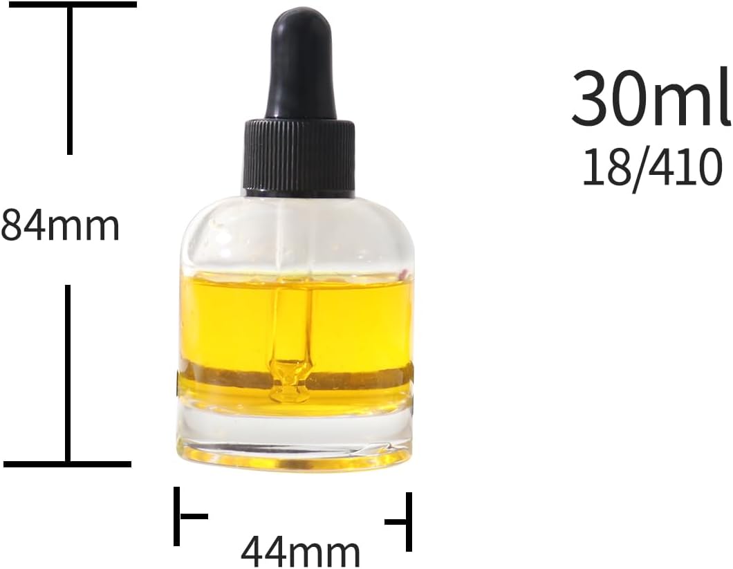 30Ml Transparent Round Shoulder Glass Bottle with 18/410 Lace Pattern Lid and Glass Straw, Used for Essential Oils, Leak Proof Travel Bottle, Set of 6 (Black)