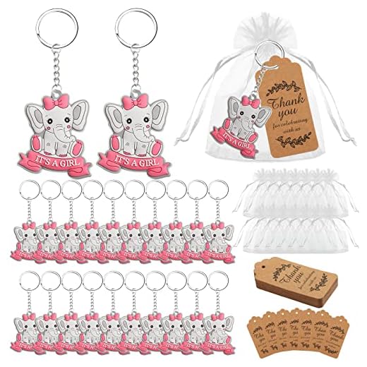 Baby Shower Thank You Elephant Keychain Baby Shower Favor for Girl It's a Girl Party Favors Return Favors Pink with Organza Bags and Thank You Tags for Girls Kids Party Supplies (72 Pieces)