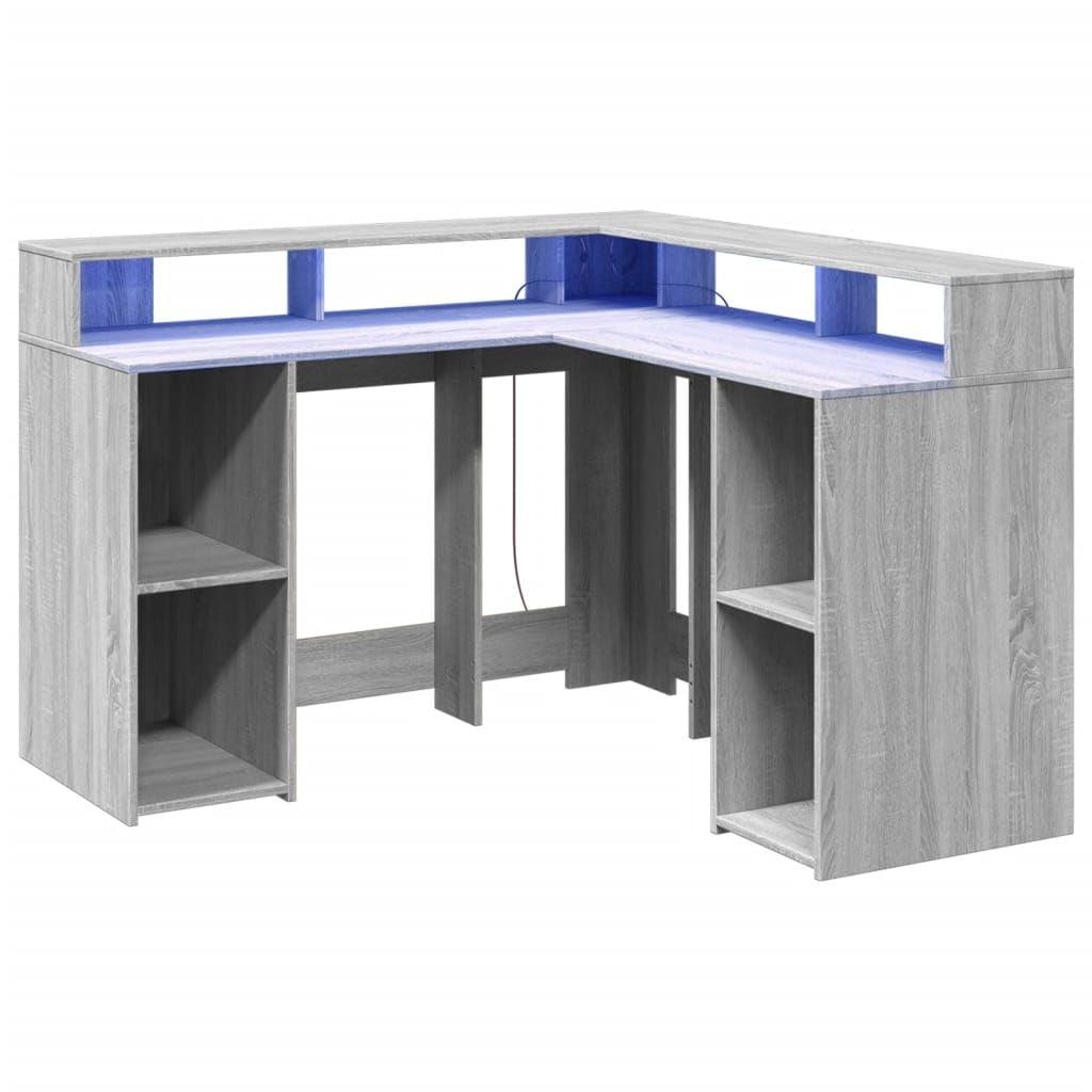 Homgoday Biurko z diodami LED Sonoma szare, 130 x 130 x 91 cm, z płyty wiórowej, meble biurkowe, biurko, biurko komputerowe, biurko, biurko do gier, do pokoju dziecięcego