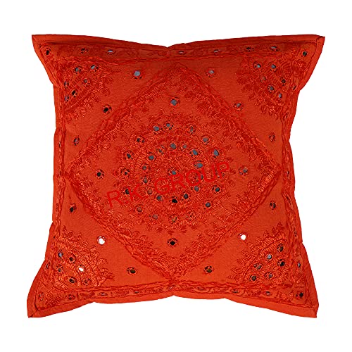 Shivanifashions Indian Handmade Mirror Embroidered Decorative Sofa Throw Pillow Cushion Cover Boho Bohemia (18"X18" Inches) (Orange, 18X18 Inches)
