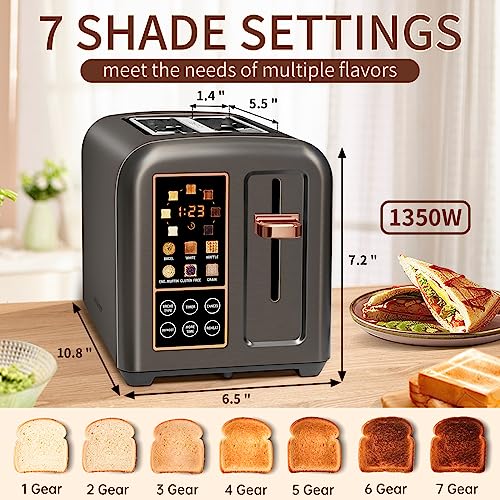 Seedeem 2 Slice Toaster, Stainless Steel Bread Toaster With Touch Lcd Display, 1.4'' Extra Wide Slots Toaster With 4 Basic+More Timer Functions, Removable Crumb Tray, 1350W, Dark Metallic #TOP1