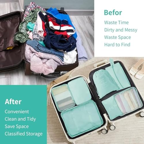 Image of 7 Pcs Travel Organizer Bag Set for Luggage | Waterproof Packing Cubes for Clothes, Shoes & Toiletries | Foldable Travel Storage Bags for Men & Women | Black Travel Pouch Set (Skyblue)
