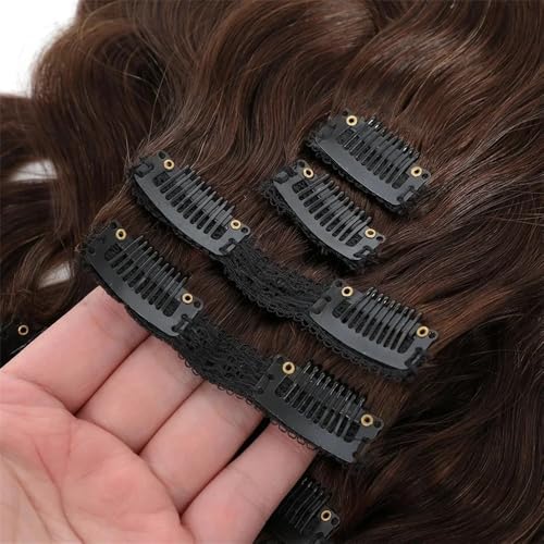 Extensiones de cabello natural de clip marrón chocolate, ondas de 12 pulgadas y 120g 5