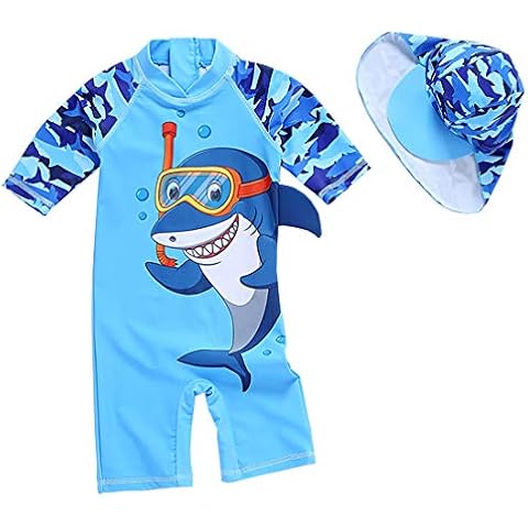 Toddler Baby Boys One Piece Swimsuit Shark Zipper Bathing Suit Rash Guards Sets Kids Sunsuit Swimwear with Hat UPF 50+ (Diving Shark, 18-24 Months) Cover