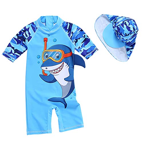 Toddler Baby Boys One Piece Swimsuit Shark Zipper Bathing Suit Rash Guards Sets Kids Sunsuit Swimwear with Hat UPF 50+ (Diving Shark, 2-3 Years)