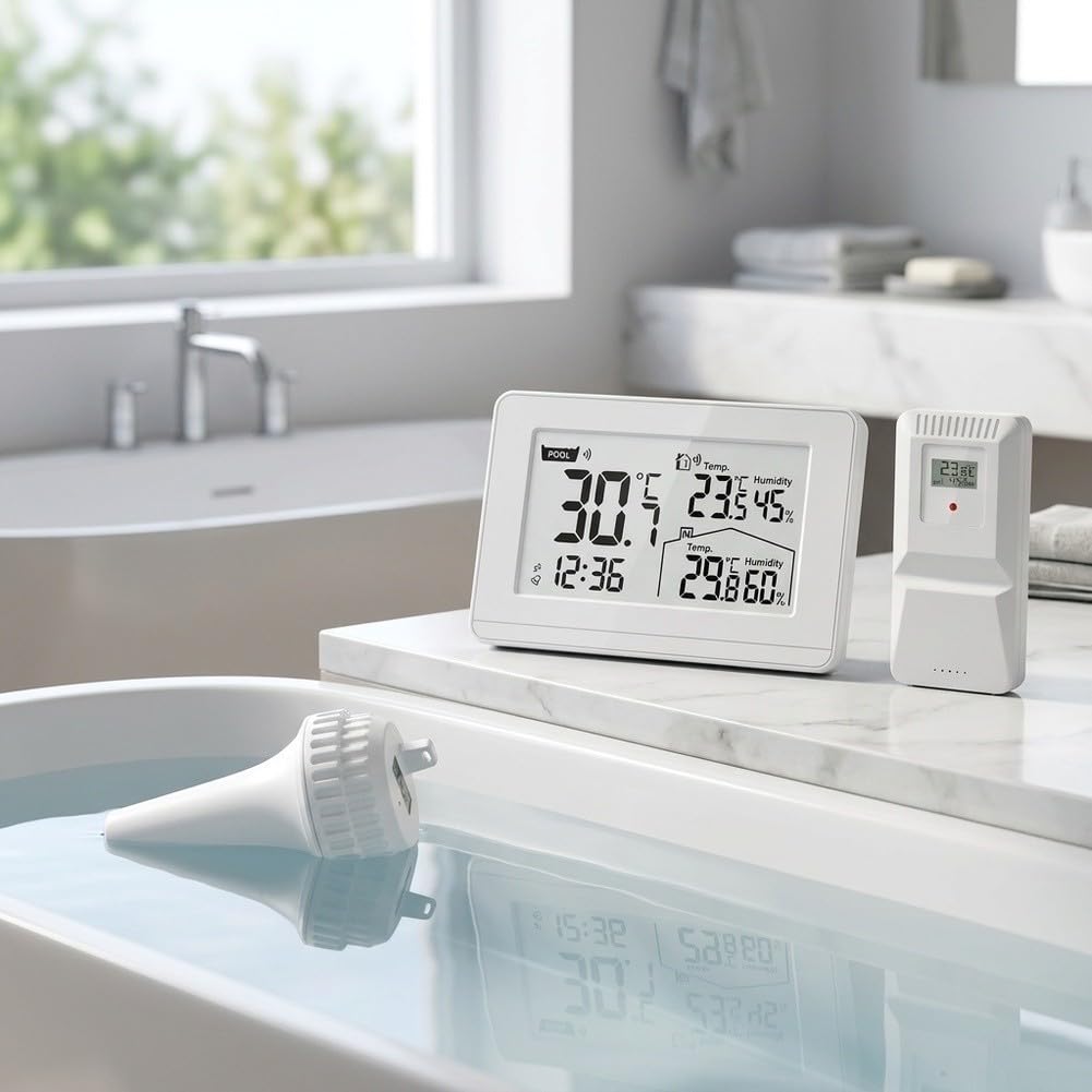Termómetro de piscina, 3 en 1 e higrómetro LCD retroiluminado con registros