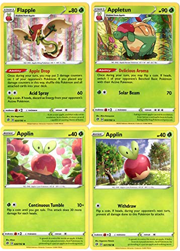 Pokemon Flapple & Appletun Evolution Card Set - Applin - Sword & Shield Rebel Clash - 4 Rare Cards