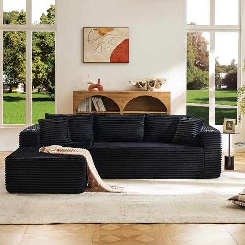Image of Modular Compressed Sectional Sofa Set - Velvet Corduroy Upholstery, Convertible Couch with Cup Holders and Pillows for Living Room, Black