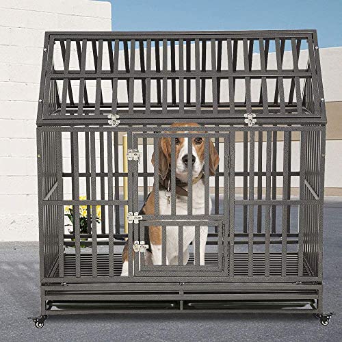 Image of KELIXU 48 inch Heavy Duty Dog Crate Large Dog cage Dog Kennels and Crates for Large Dogs Indoor Outdoor with Double Doors, Locks and Lockable Wheels, Black