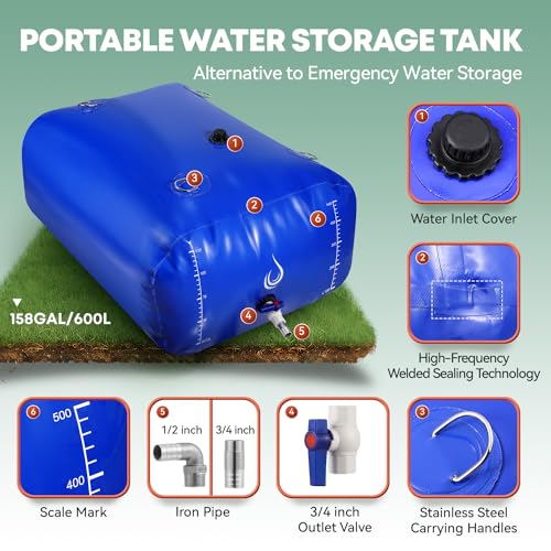 Image of LANUEVA 158 Gal /600L Portable Water Storage Bladder, 1000D PVC Foldable Water Tank with Spigots and Overflow Kit, Water Storage Containers for Emergency Water, RV, Irrigation&Camping (Blue, 600L)