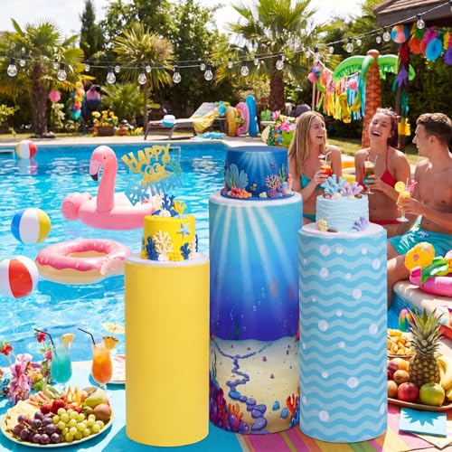 Mindsoft Set of 3 Ocean Theme Spandex Cylinder Stand Covers for Party, Yellow Cylinder Pedestal Cover, Sea Dessert Table Display for Birthday Party Wedding Baby Shower Backdrop (Yellow, Blue, Ocean) by Mindsoft - Used condition - Image 5