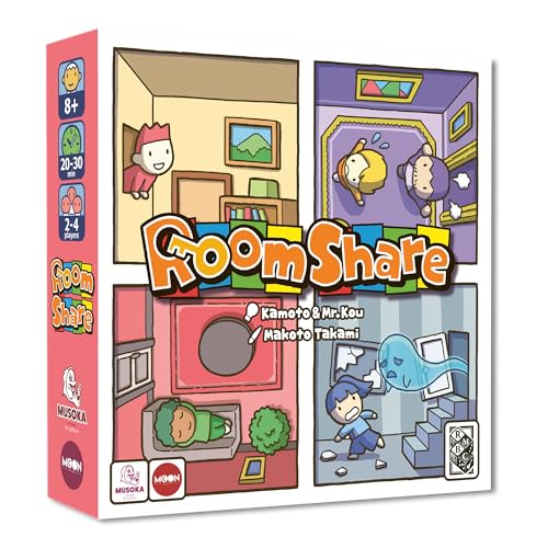 Room Share- Gioco da tavolo - Musoka Studio & Moon Editions - Gioco familiare - da 8 anni - 2 a 4 giocatori - ideale tra amici, famiglia, gioco di carte + meeples