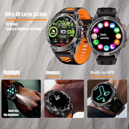 Bostbo Military Smart Watches Built-in GPS, 100+ Sport Modes for Men with Flashlight, Smartwatch for Android Phones and iPhone, 1.46" IPS Screen Bluetooth Call Compass