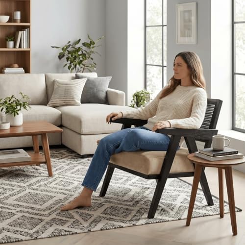 Image of Kingsman Furnitures ABEL Rattan Teak Wood Accent Arm Chair for Home Bedroom, Living, Dining, Drawing Room | Ultra Soft and Comfortable for Stress Free | Removable Cushion (Black Cane- Beige Velvet)