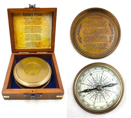 Brújula de latón con poesía Robert Frost y caja de madera miniatura 1